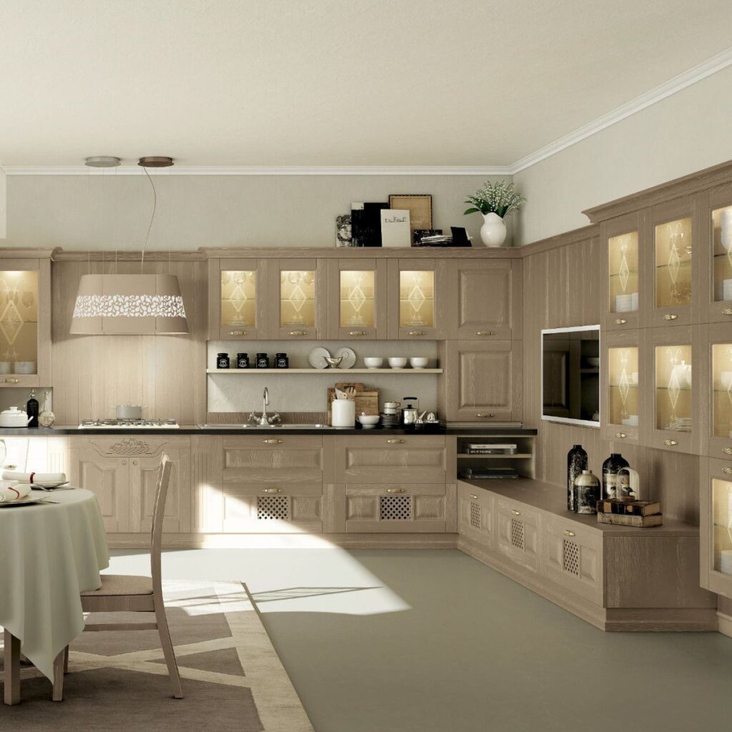 Render di una cucina classica con anta bugnata