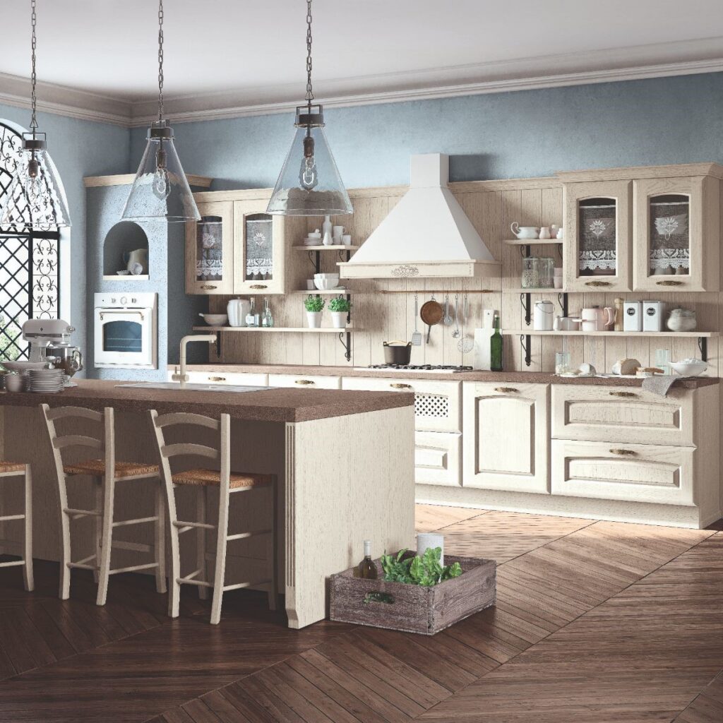 Render di una cucina classica con anta bugnata