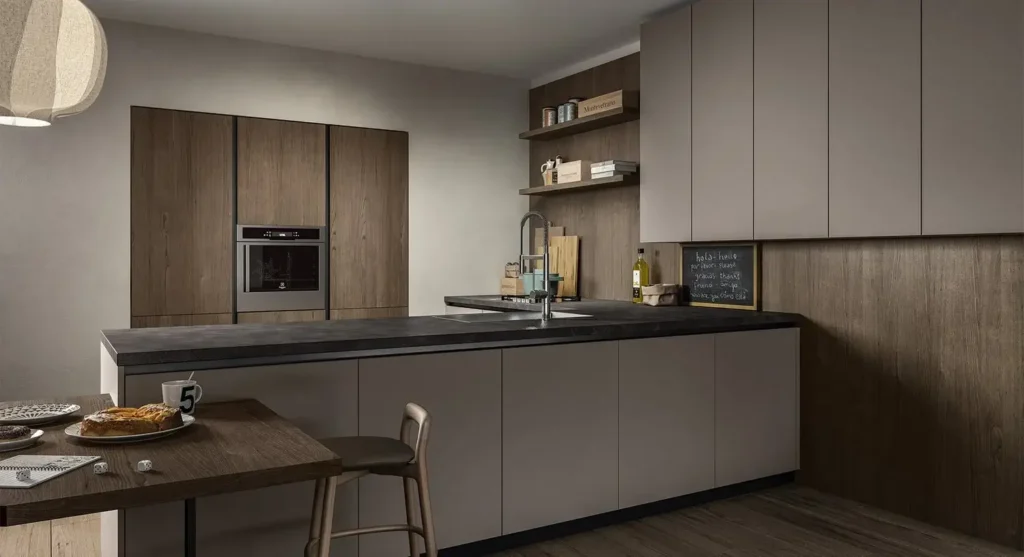 Render di una cucina moderna con anta liscia laccata