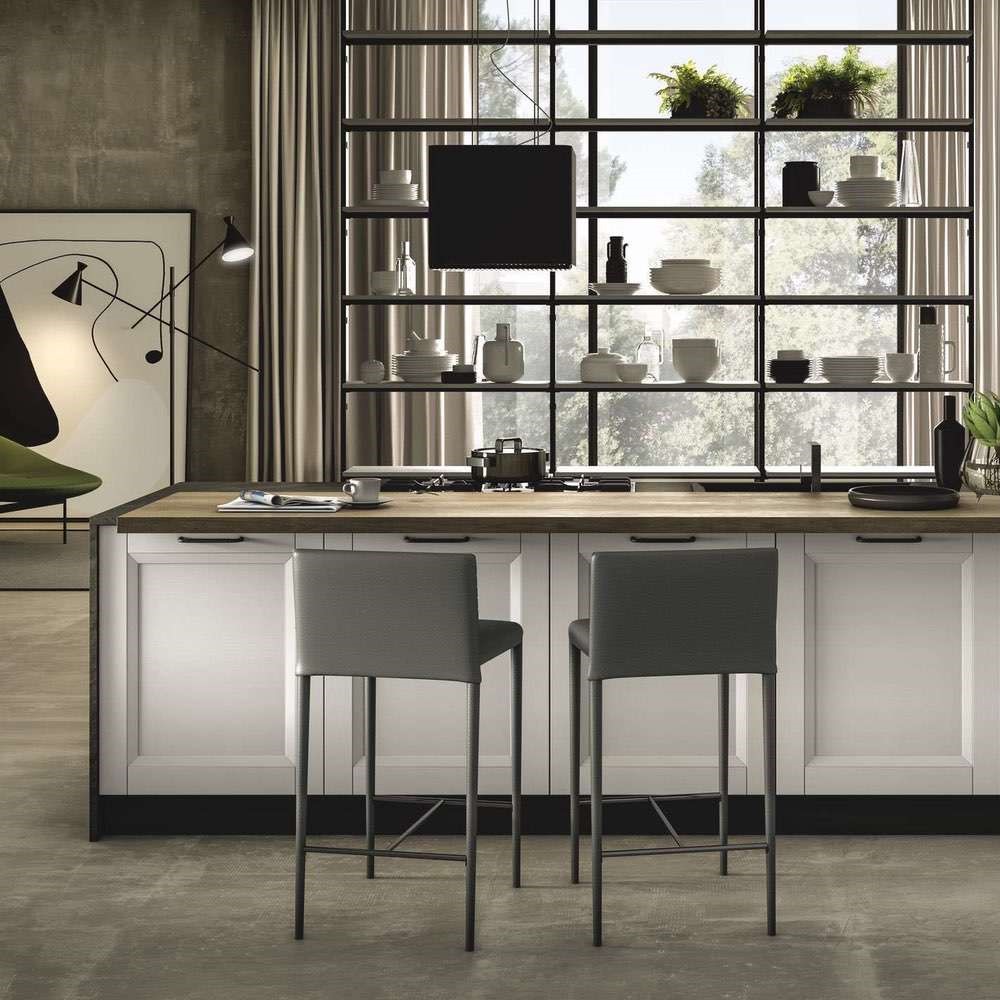 Render di una cucina contemporanea con anta a telaio