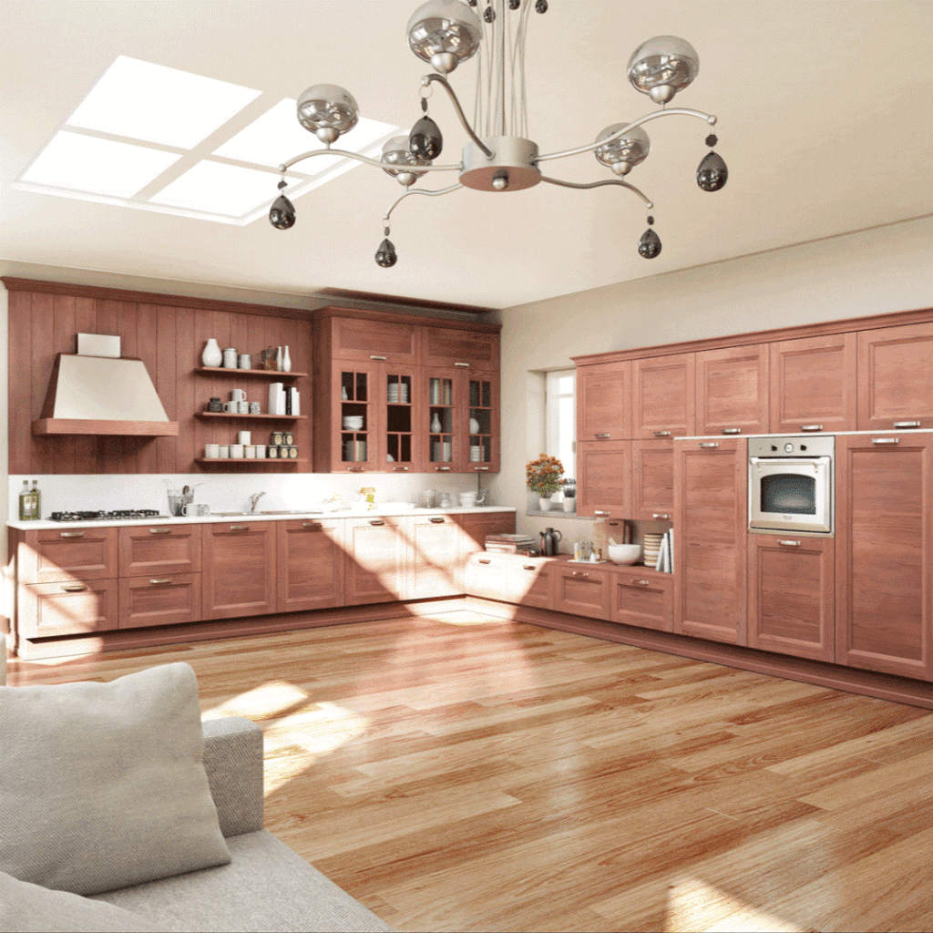 Render di una cucina classica con anta bugnata