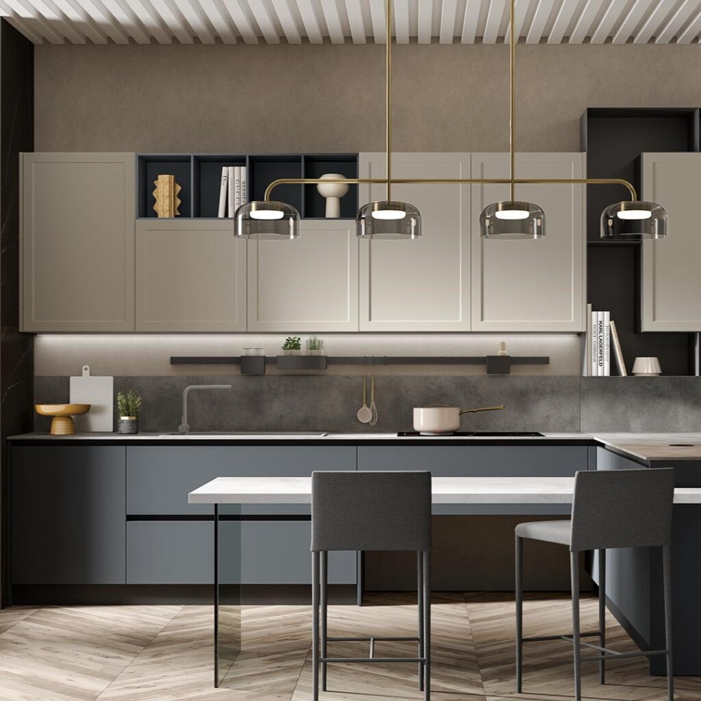 Render di una cucina moderna con anta a telaio