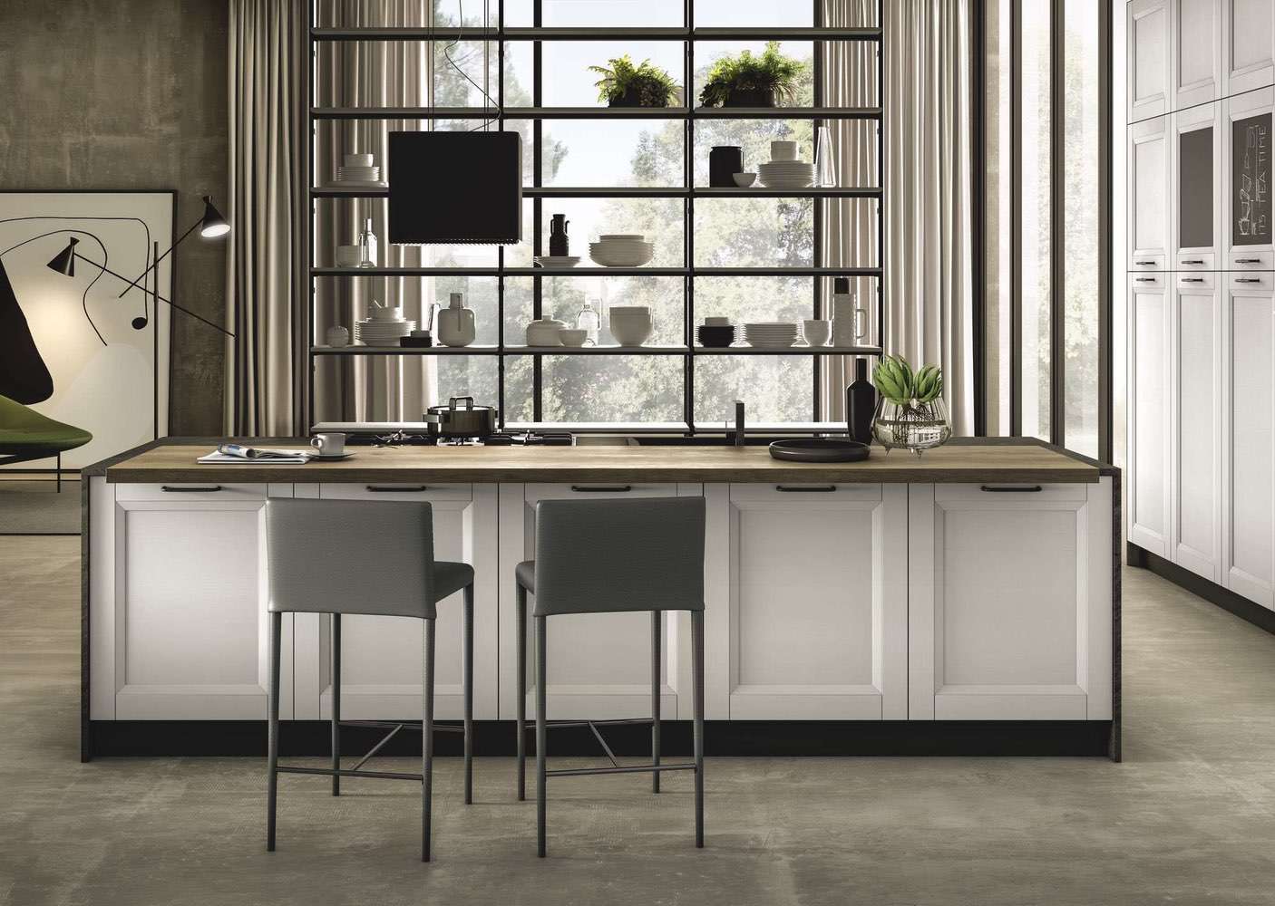 Render di una cucina moderna con anta a telaio