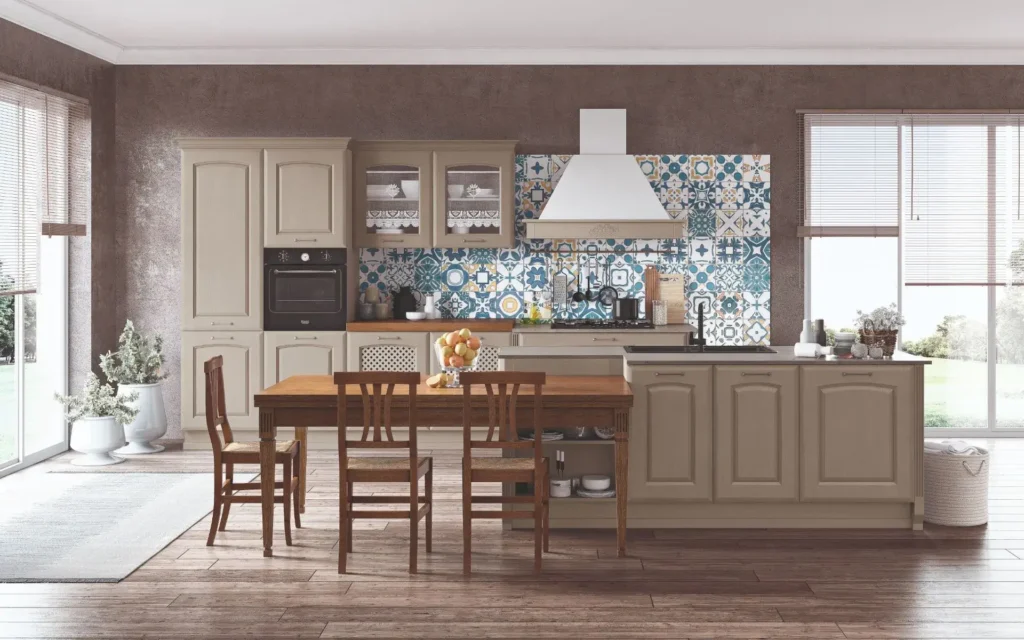 Render di una cucina classica con anta bugnata