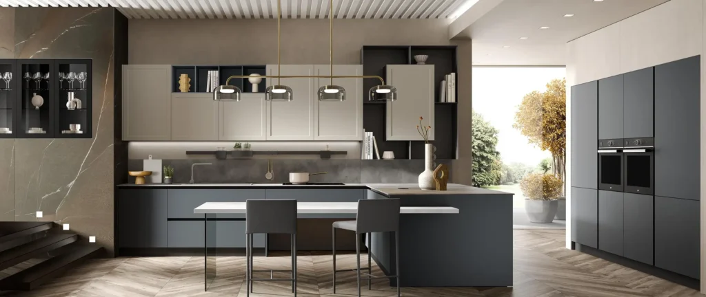 Render di una cucina moderna con anta a telaio