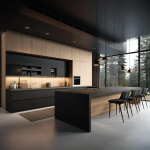 Cucina moderna bicolore con colori neutri e dettagli in legno, illuminata dalla luce naturale, che mostra esempi di abbinamenti cromatici per creare un ambiente accogliente e armonioso.