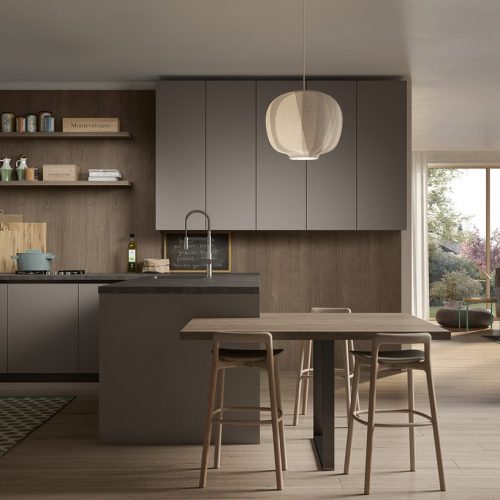 Render di una cucina moderna con anta liscia in pet