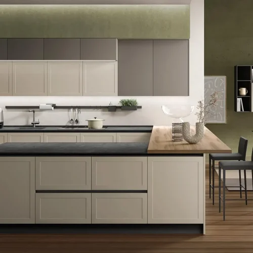 Render di una cucina moderna con anta a telaio